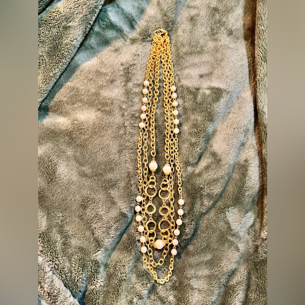 Premier Designs Gold Tone Multi Strand Chain Necklace Fx Pearls PD Crest Tag 28”